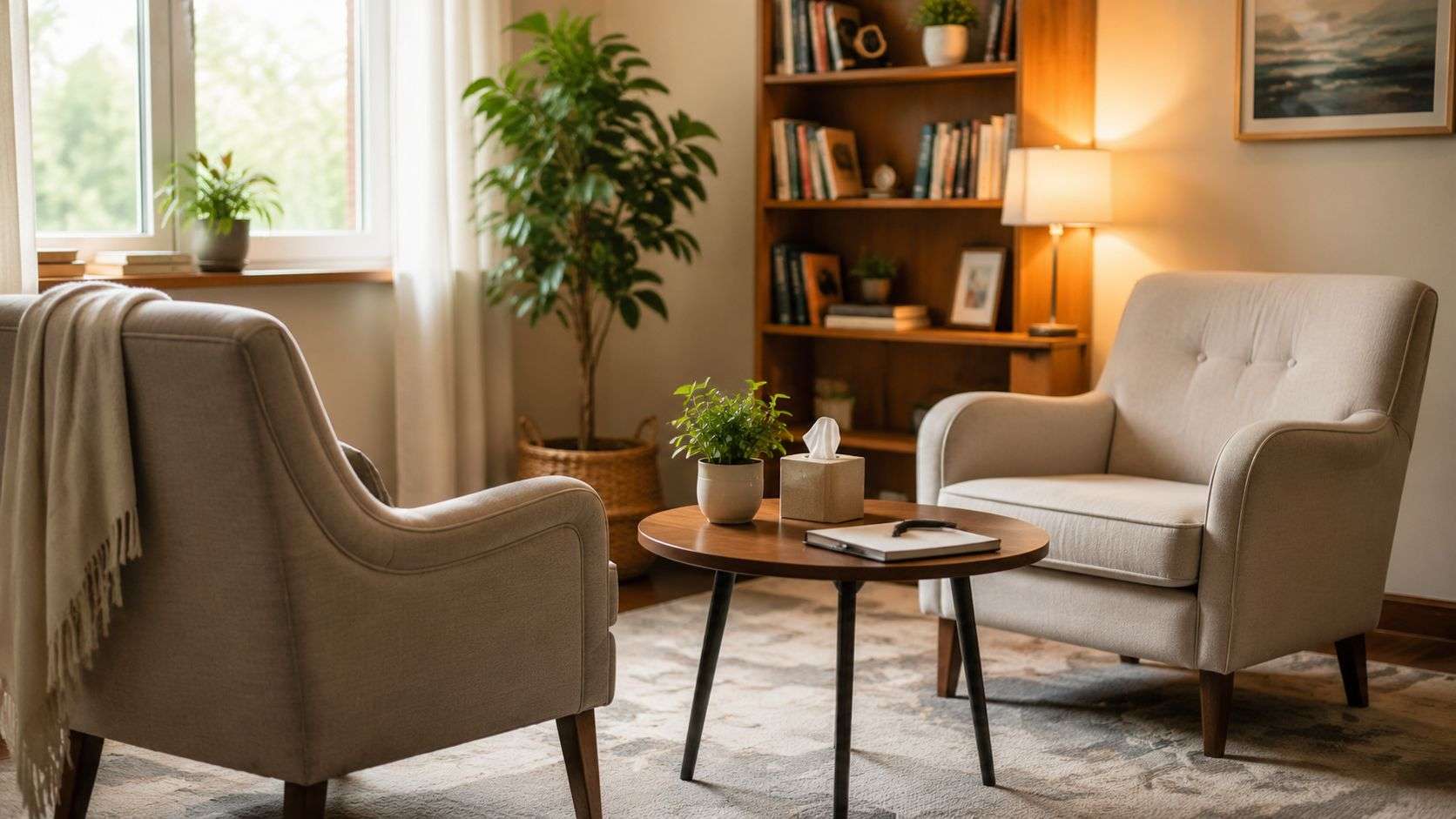 A cozy, quiet office setting for therapy with two comfortable armchairs, a wooden coffee table, and bookshelves.