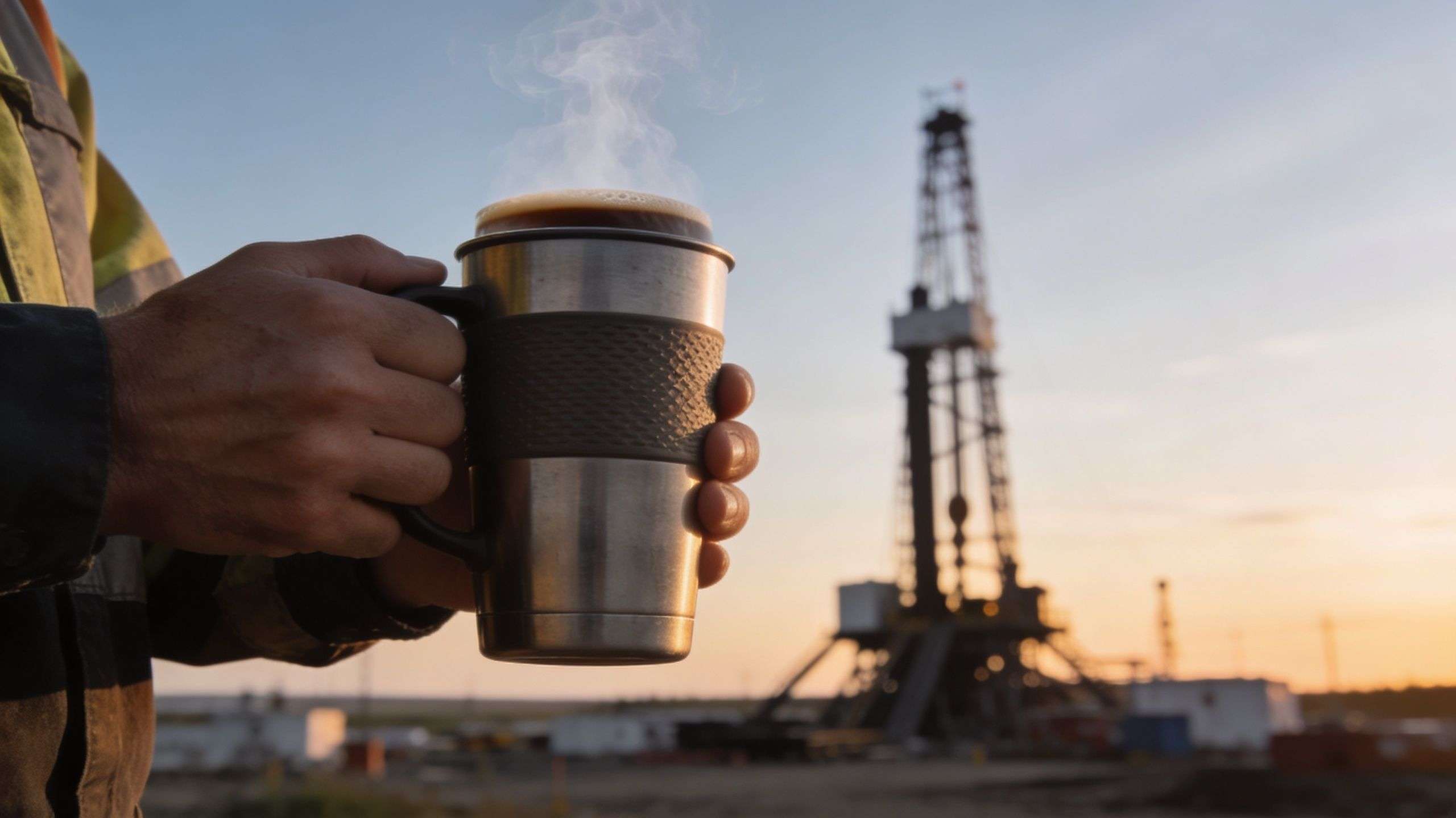 A close-up of a worker holding a hot steaming mug with an oil drilling rig in background.