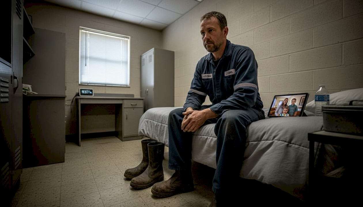 Oilfield worker video calls from camp room