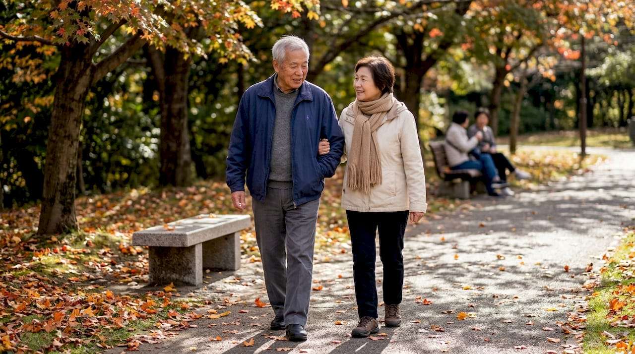 Older couple walking together in autumn park