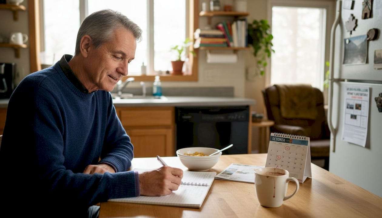Older man writing goals at kitchen table