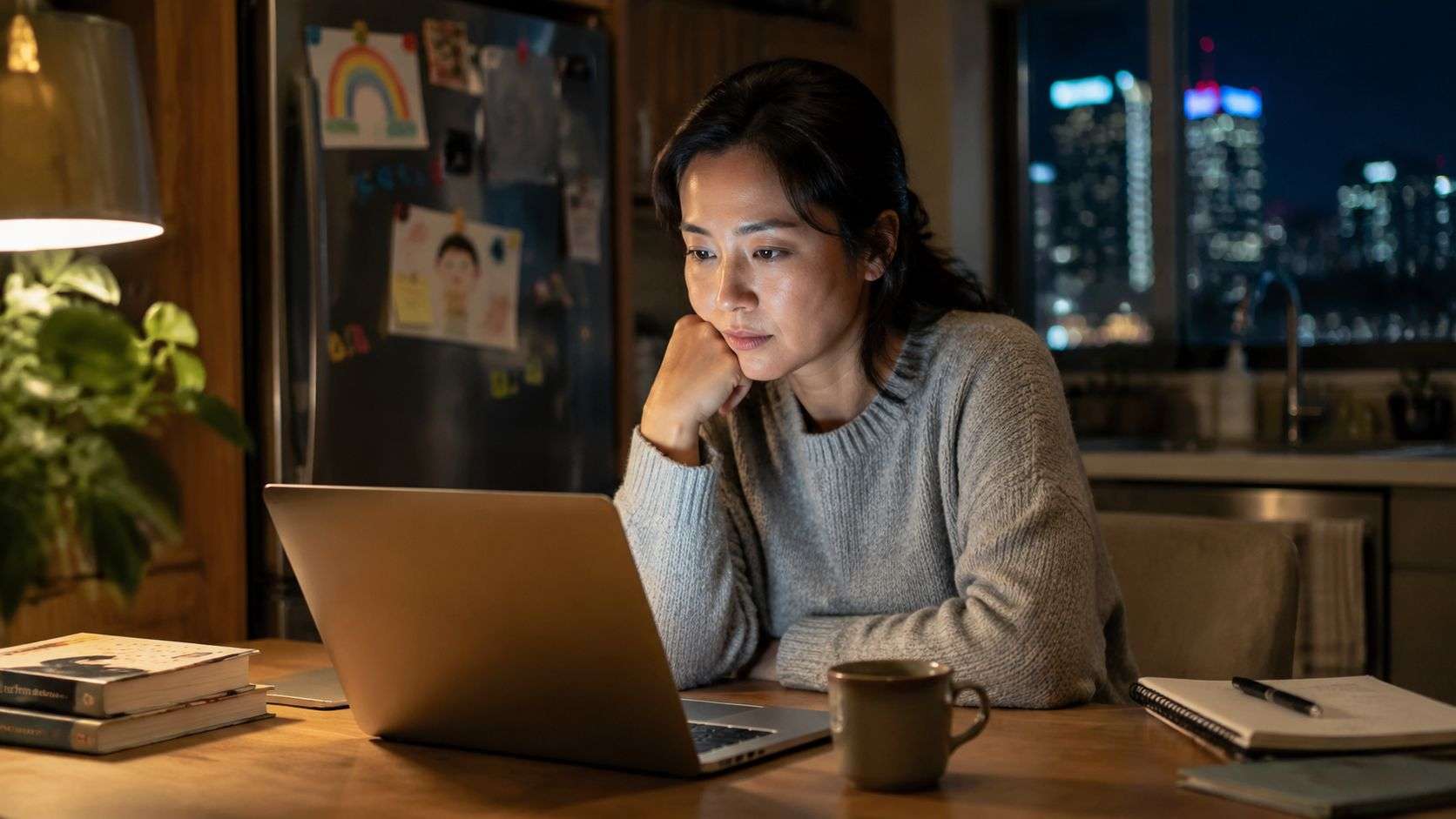 A focused woman sitting at a desk at night, working on her laptop in a dimly lit home.