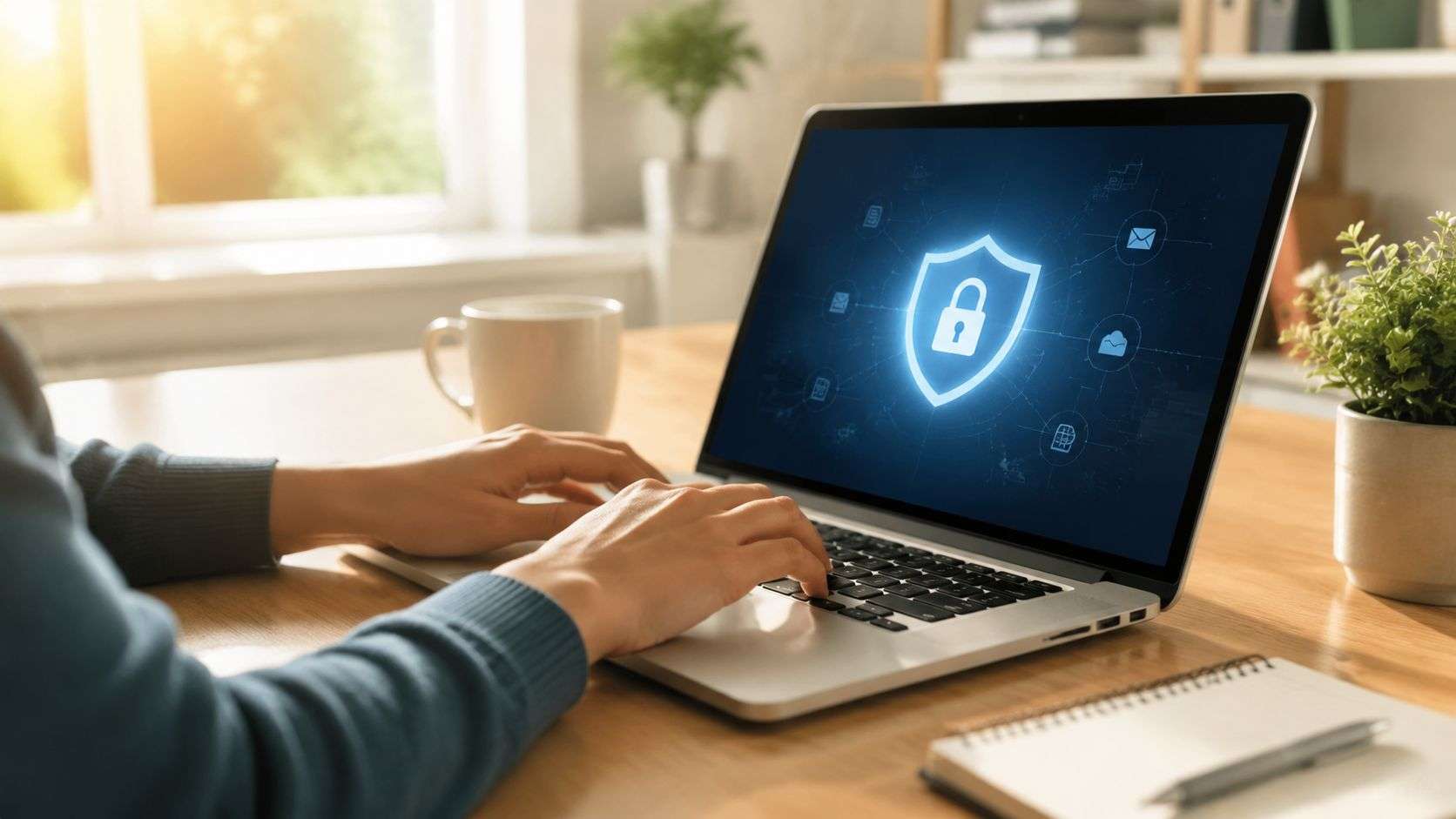 A person using a laptop displaying a digital security shield icon on a wooden office desk.