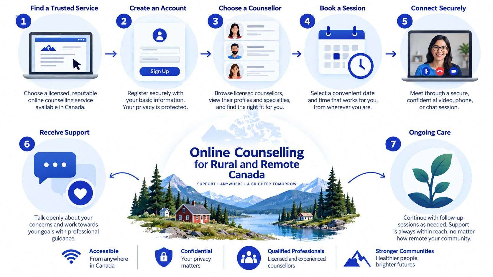 An infographic showing the seven-step process for accessing online counselling services in rural and remote Canada.