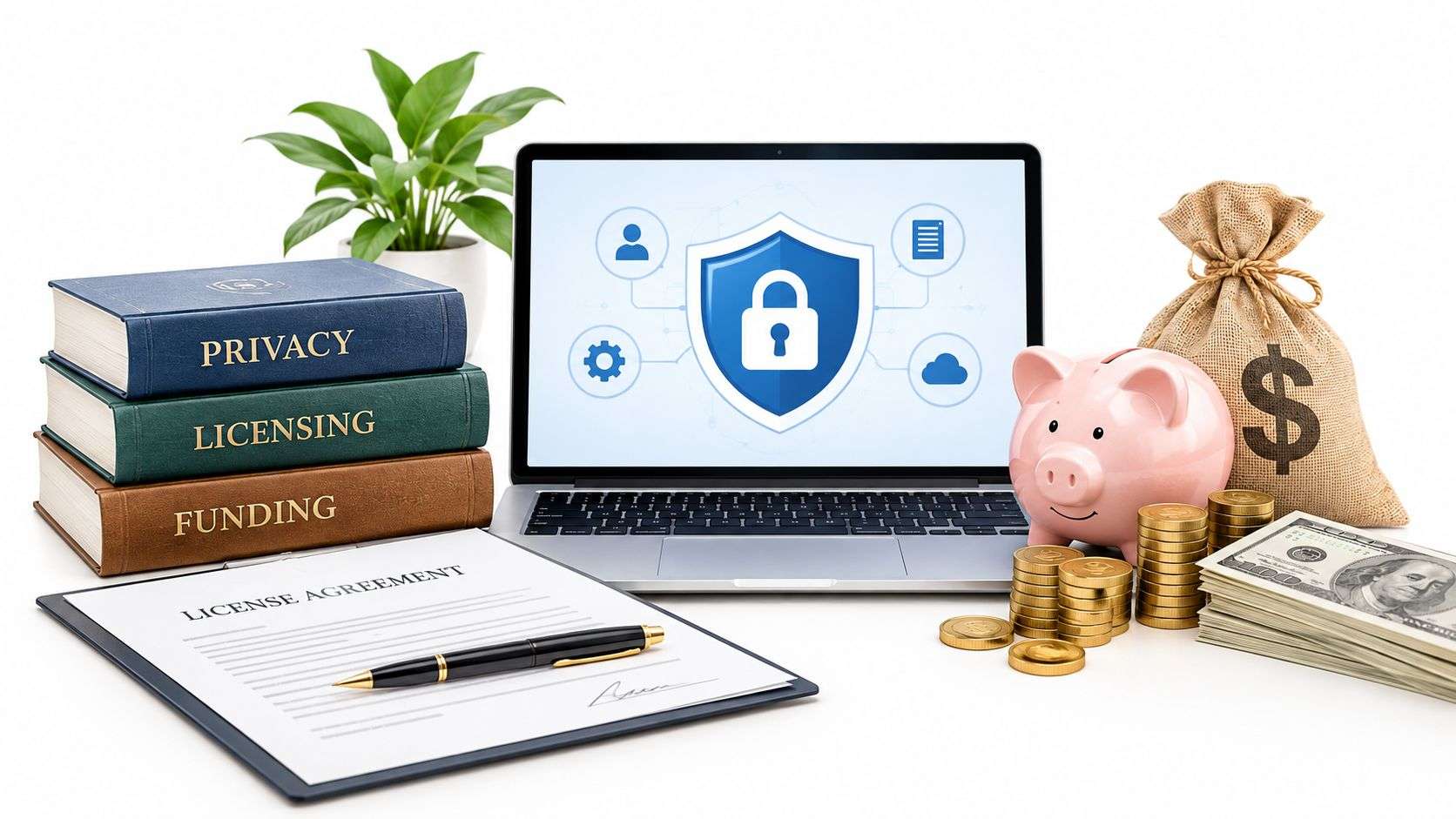 A laptop with security icons, stacks of coins, a piggy bank, and books labeled privacy and licensing.