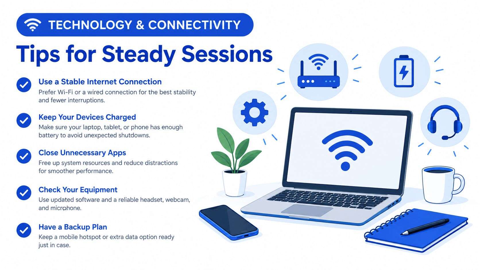 A digital infographic with tips for maintaining a steady internet connection during online sessions and counselling calls.