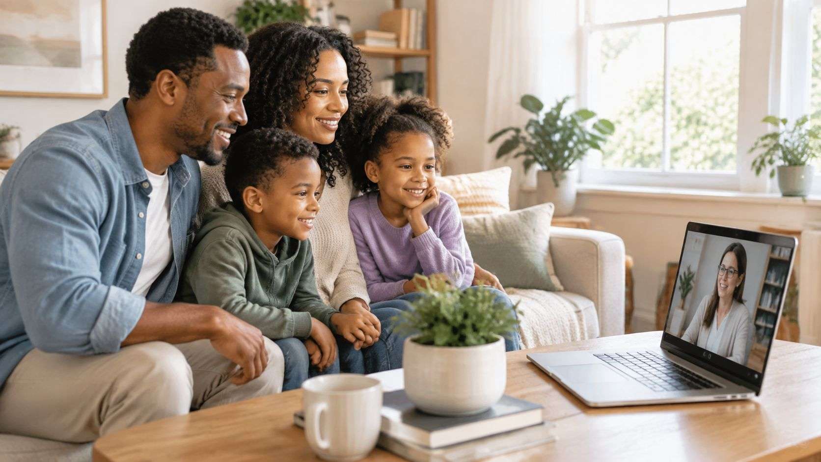 A happy family of four sitting on a couch having a virtual meeting with a counsellor.