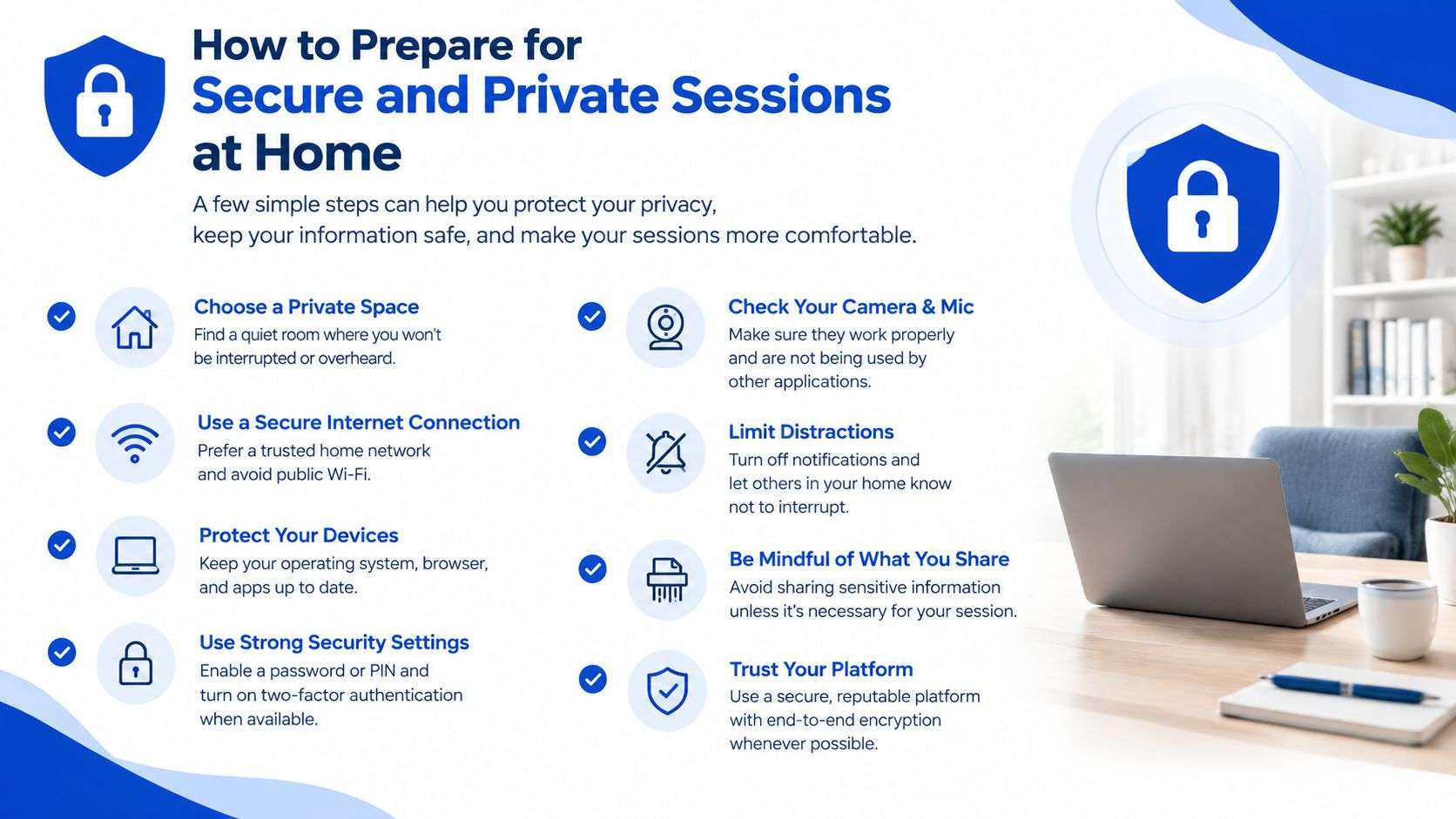 An infographic showing eight simple steps to prepare for secure and private online sessions at home.