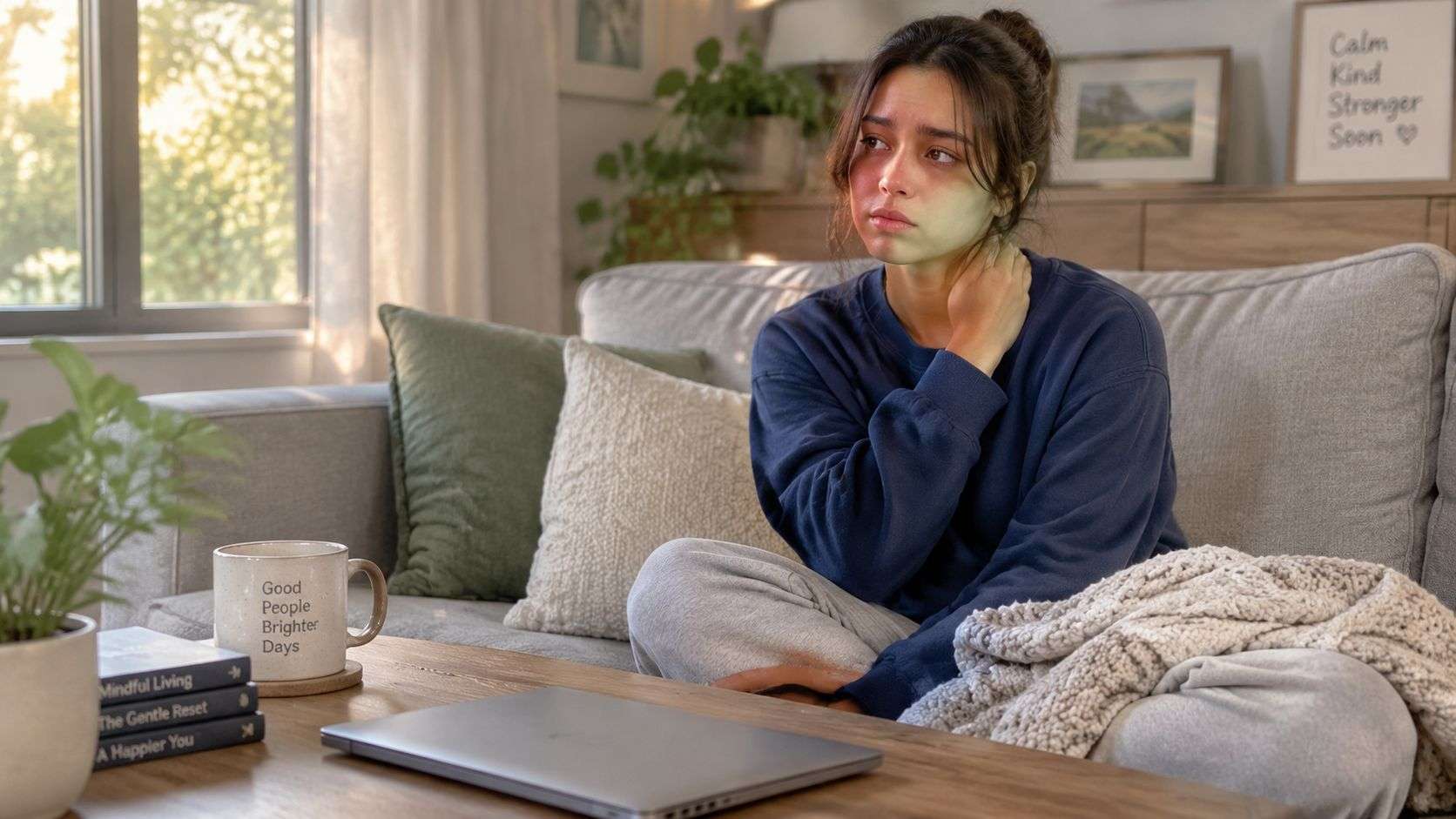 A young woman sitting on a couch, appearing stressed or overwhelmed, while resting at home.