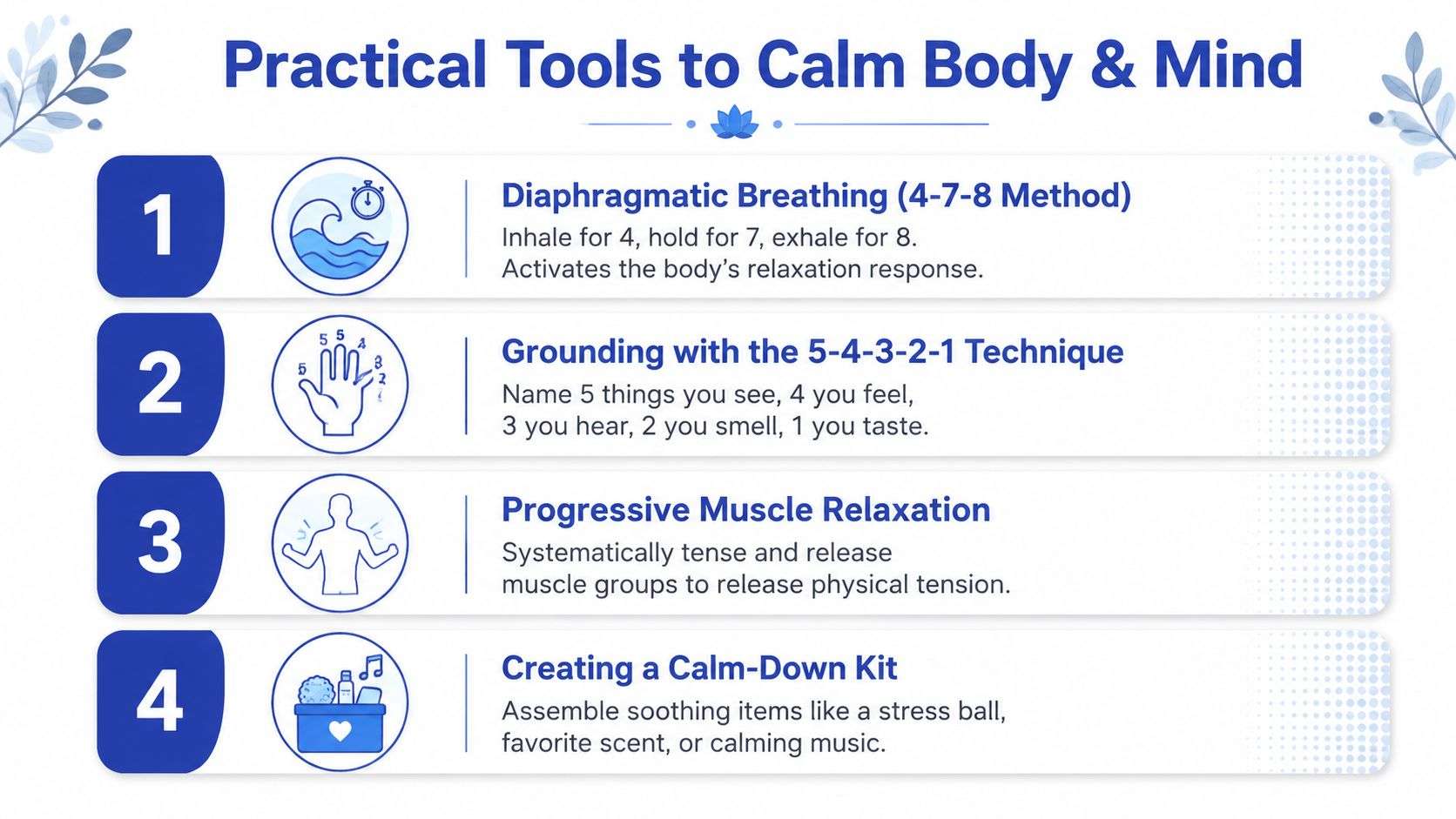 A list of four practical techniques to calm the body and mind, including breathing, grounding, muscle relaxation, and calm-down kits.