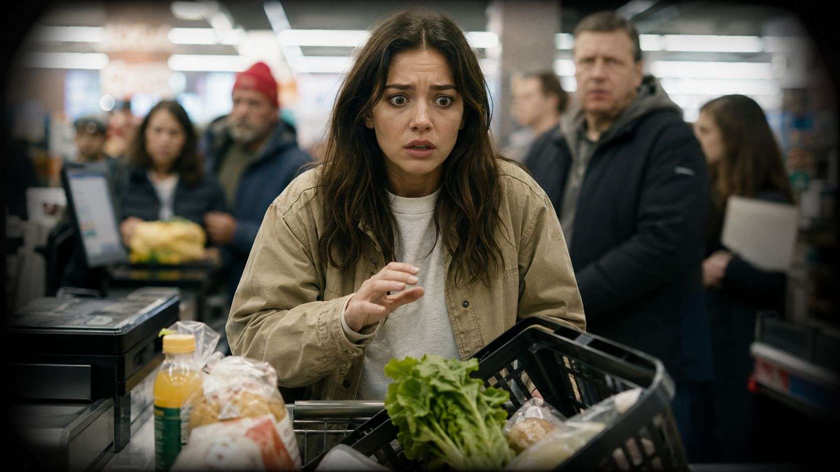 A young woman with a panicked expression at a grocery store checkout counter while shopping for groceries.