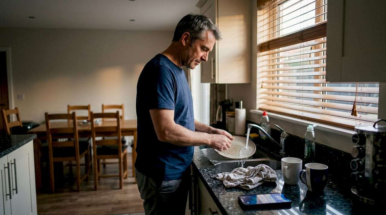 Parent cleaning quiet kitchen after kids left