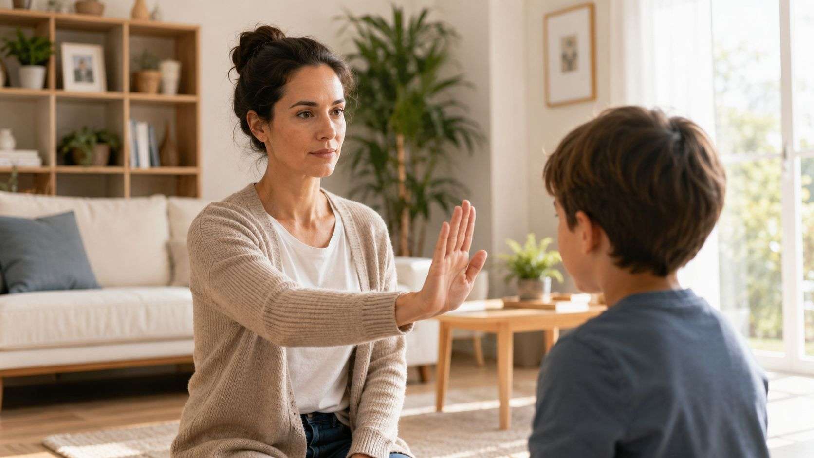 A mother calmly holds her hand up to set a boundary while interacting with her young son.