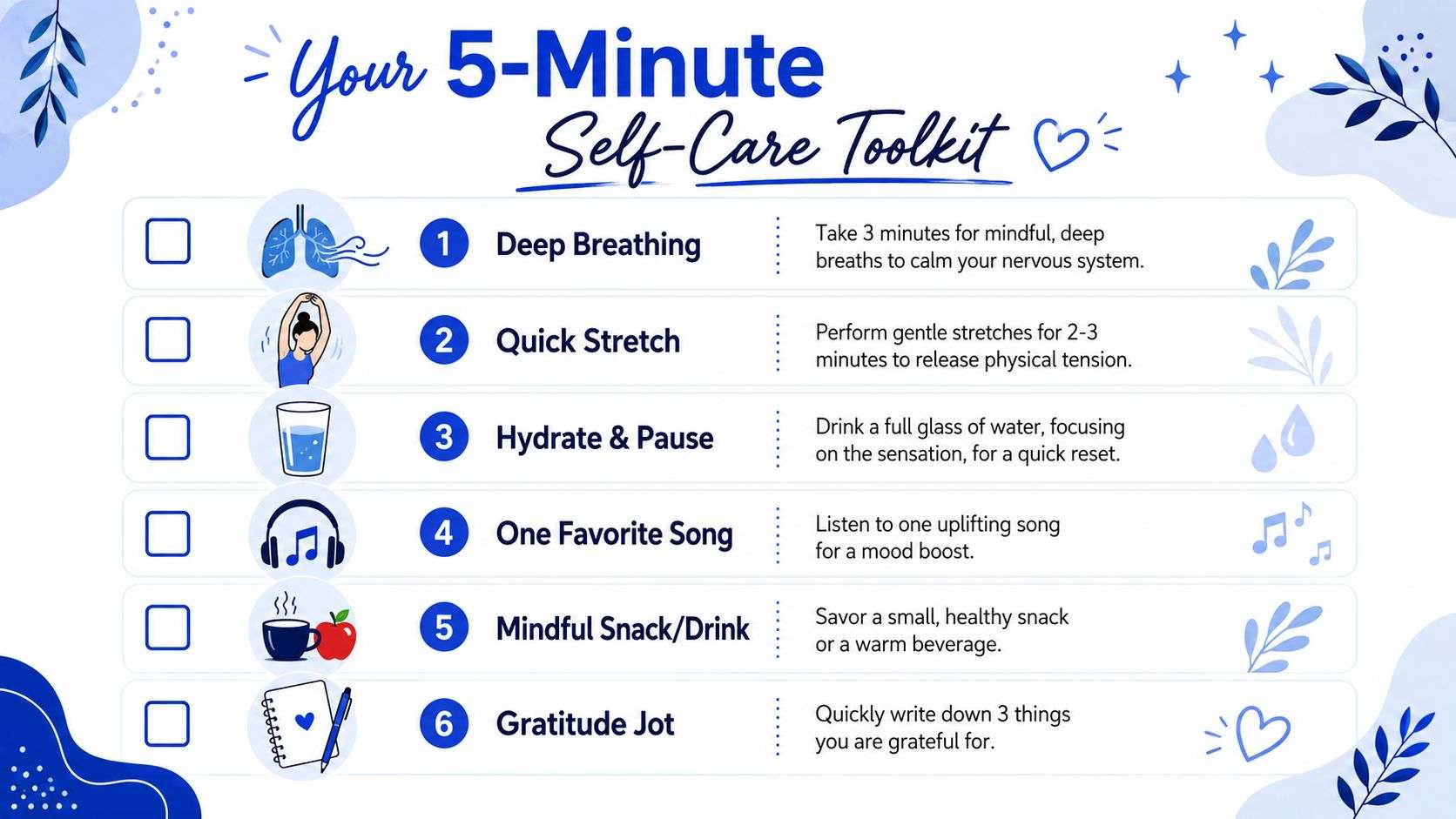 A visual guide titled Your 5-Minute Self-Care Toolkit listing six simple activities to improve mental well-being.