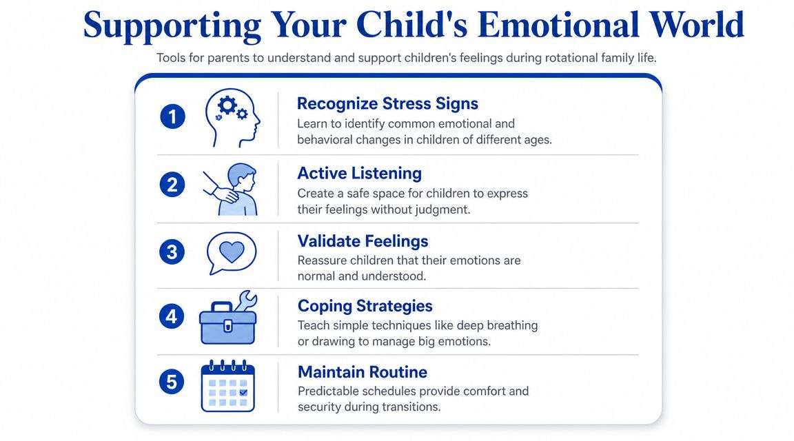 A list of five essential tools for parents to support children during rotational family life transitions.