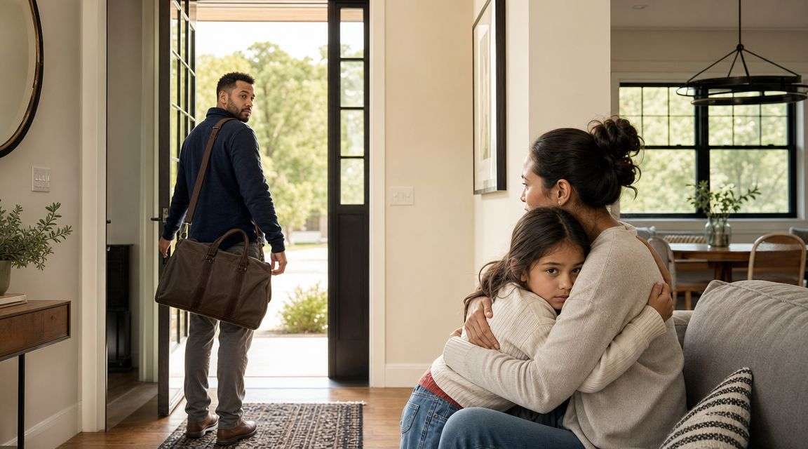 A father leaves home with a travel bag as a mother comforts her daughter on a couch.
