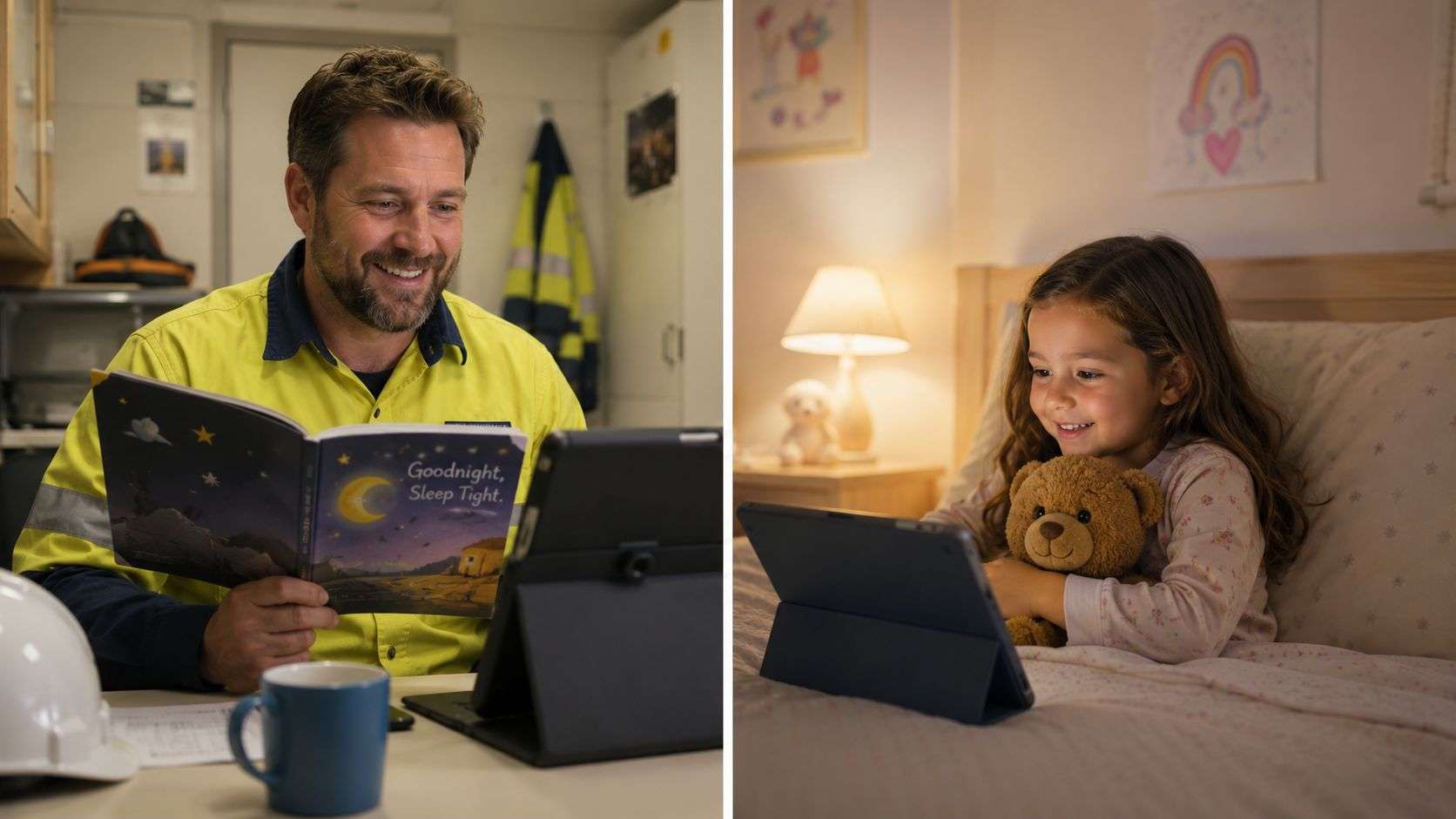 A father reading a bedtime story to his daughter via a video call on their tablets.