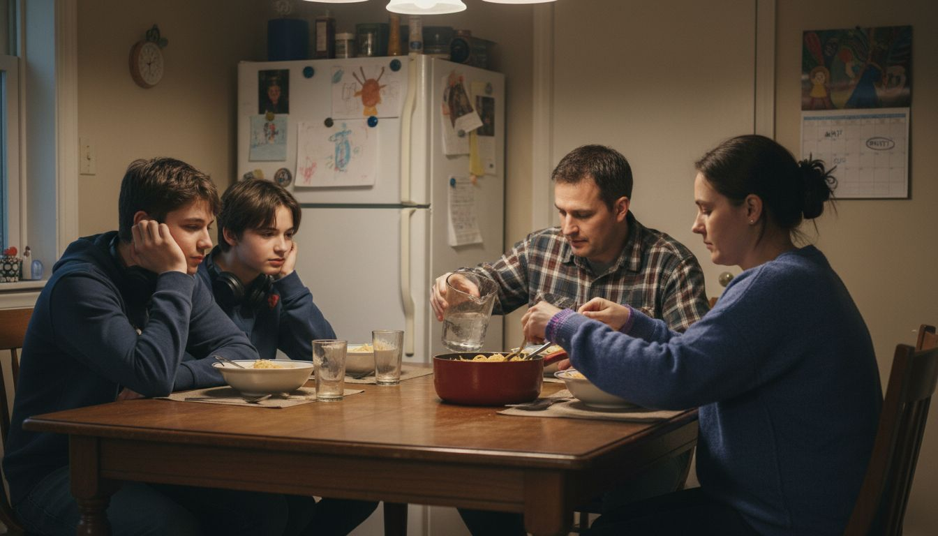 Parents and teens at family dinner table