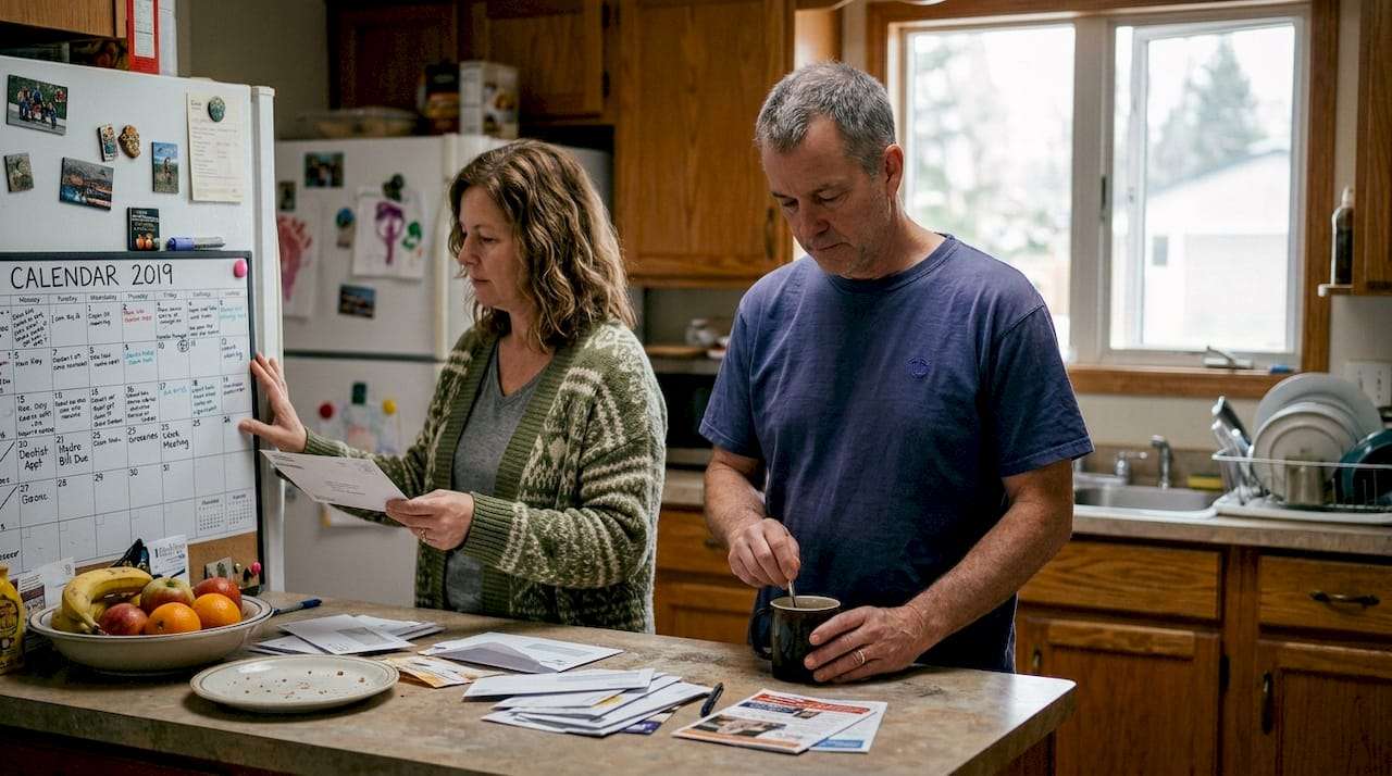 Parents sharing quiet morning kitchen routine