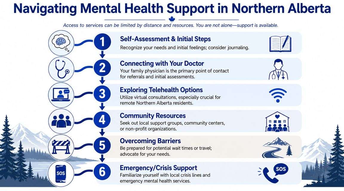 An infographic titled Navigating Mental Health Support in Northern Alberta outlining a six-step guide for residents.
