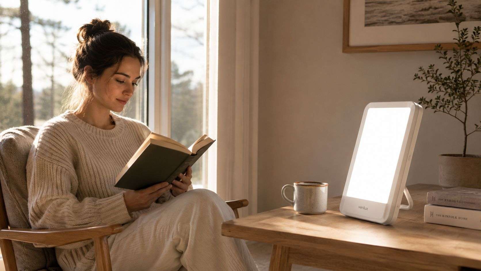 A woman reads a book while sitting near a window with a bright therapy lamp nearby.