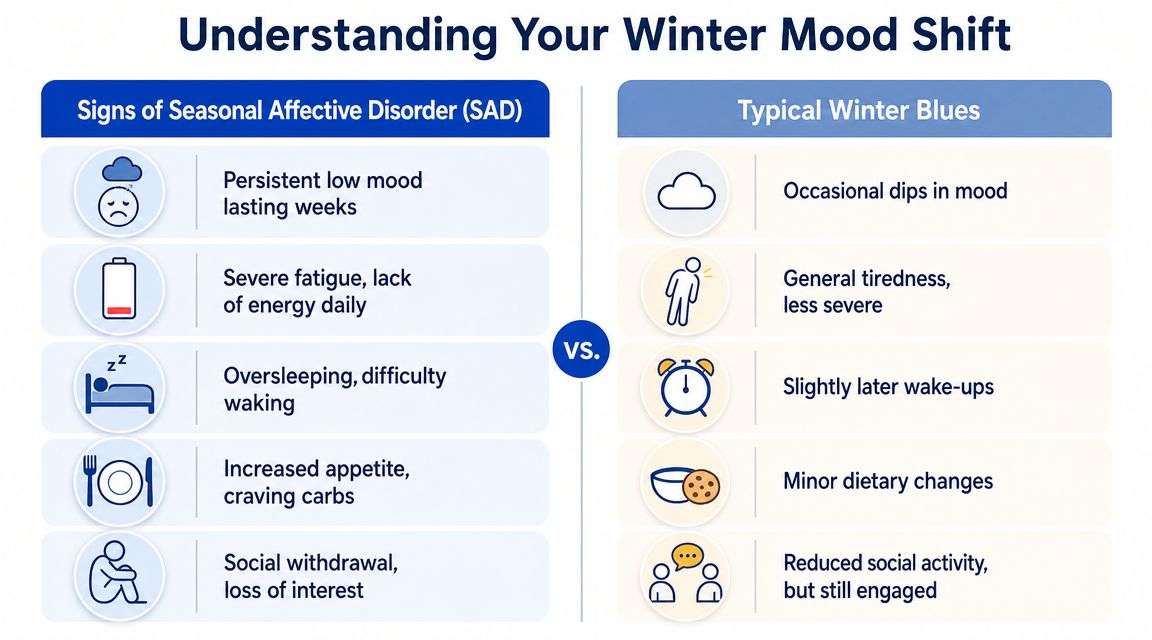 A comparison chart outlining differences between Seasonal Affective Disorder and typical winter blues symptoms.