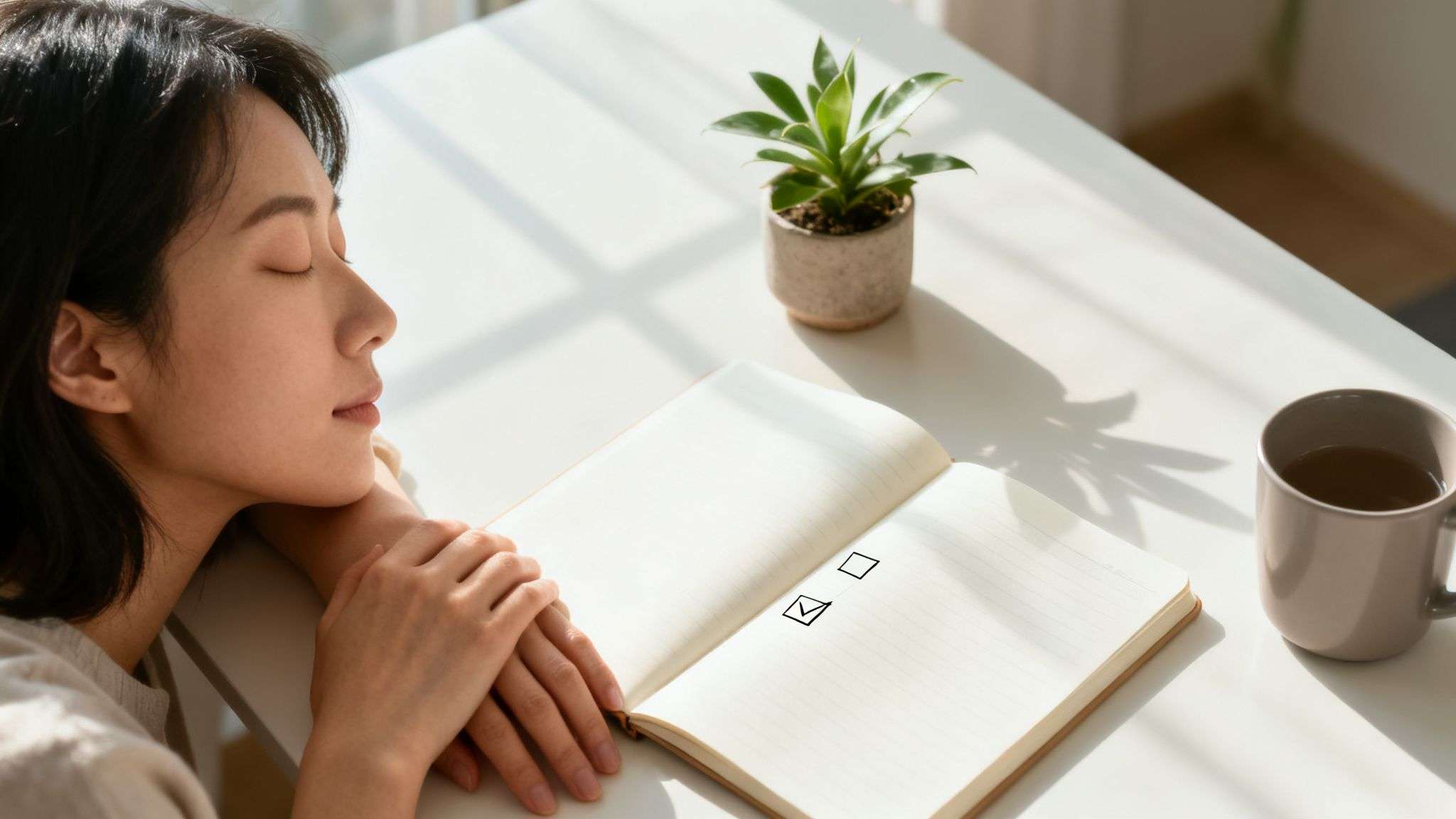 Peaceful woman resting next to a notebook with a checklist, a plant, and a cup of tea.