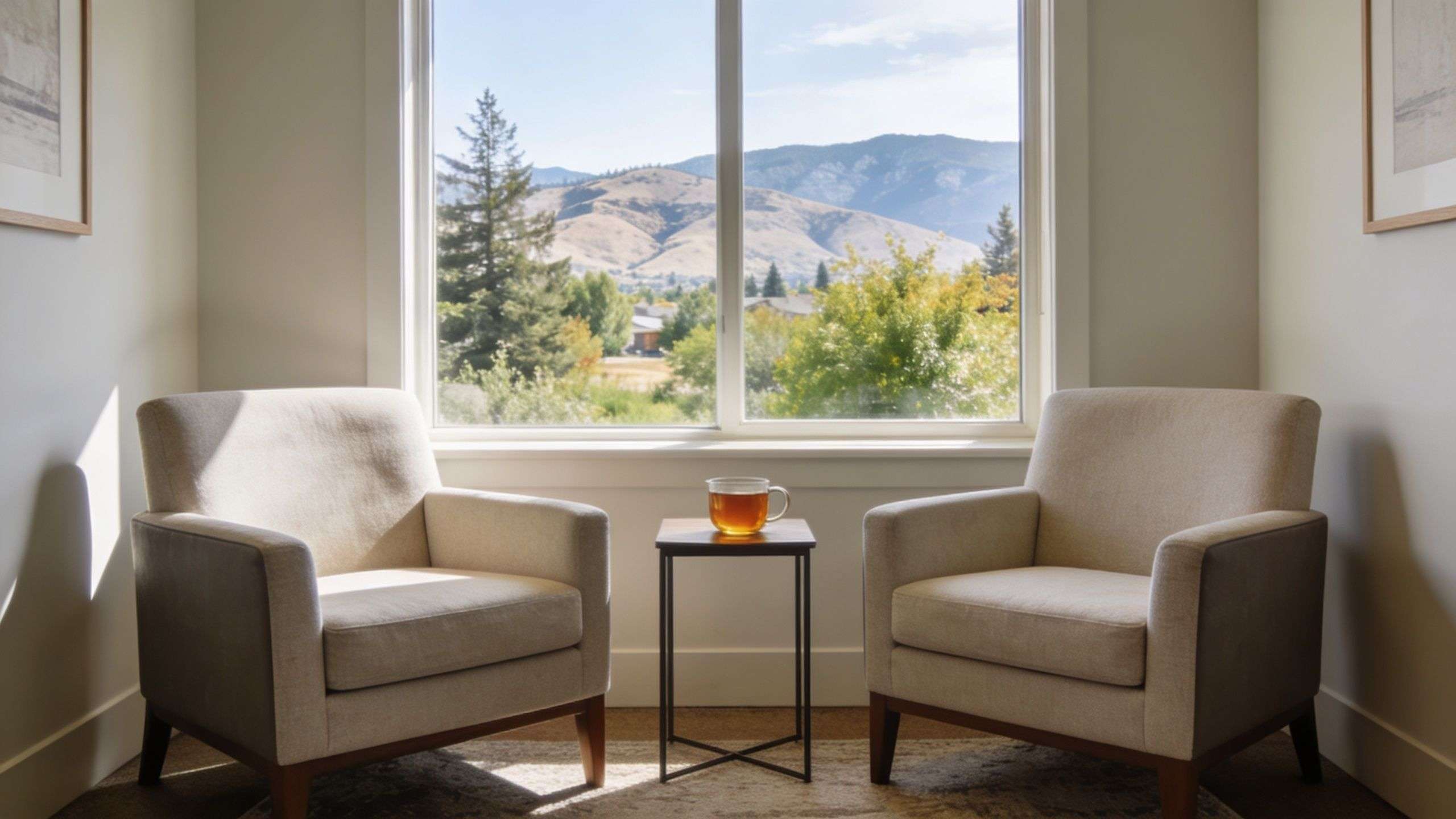 Two beige armchairs facing each other by a window with a tea cup on a small table.
