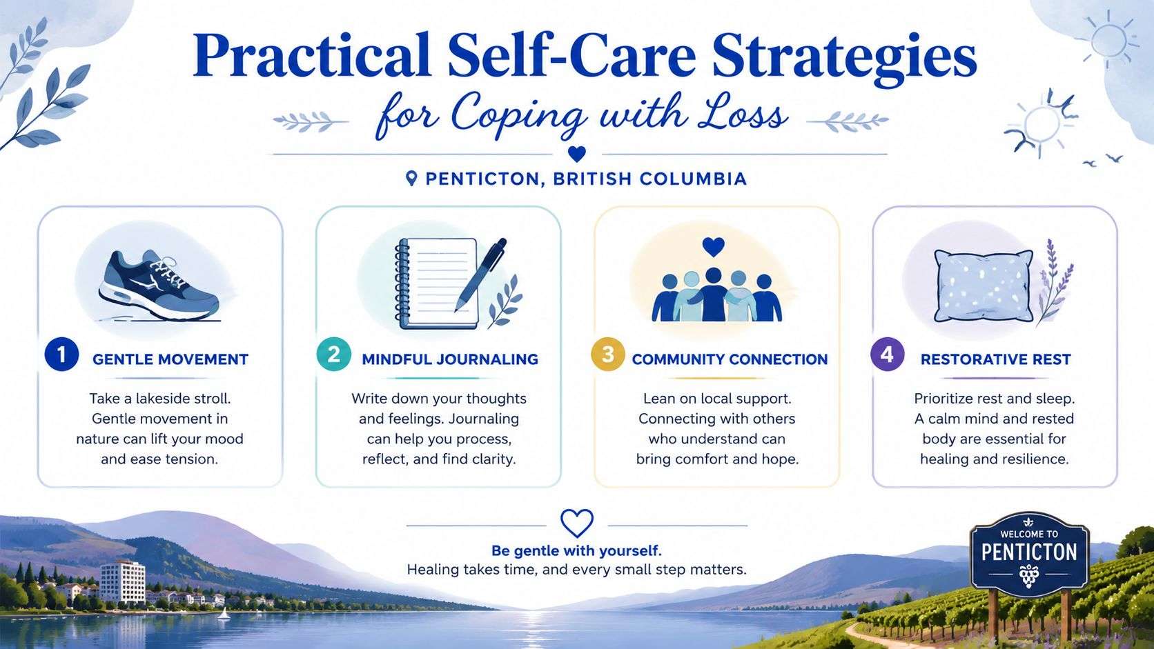 An infographic titled Practical Self-Care Strategies for Coping with Loss in Penticton, British Columbia.