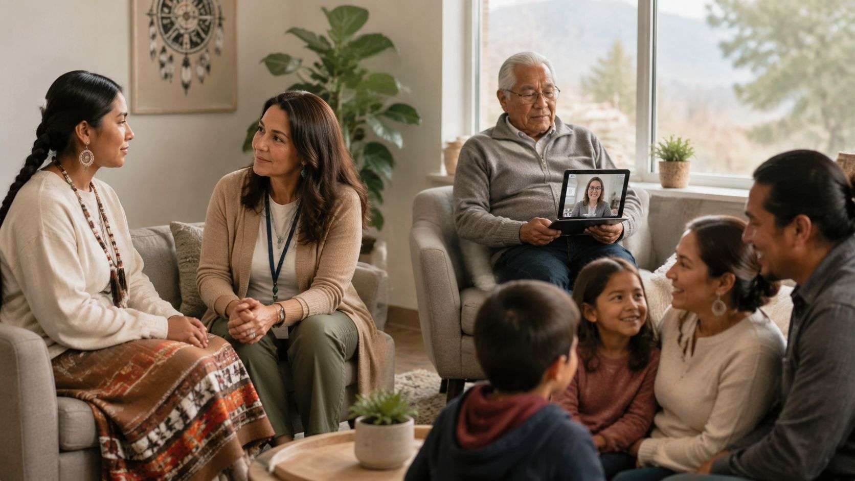 A diverse group of Indigenous people and a counselor participating in a supportive group therapy session together.