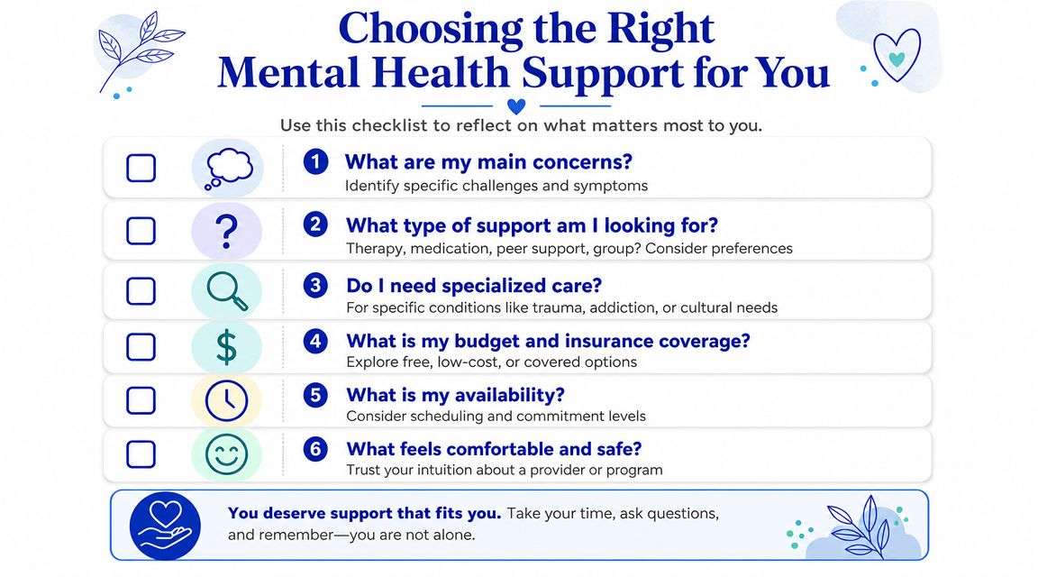 A checklist titled Choosing the Right Mental Health Support for You with six reflective questions for users.