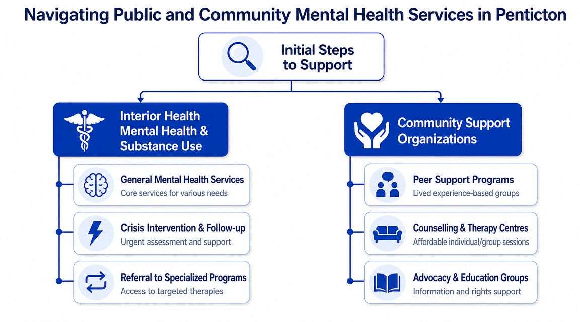 A flowchart showing mental health services available in Penticton, including Interior Health and community support organizations.