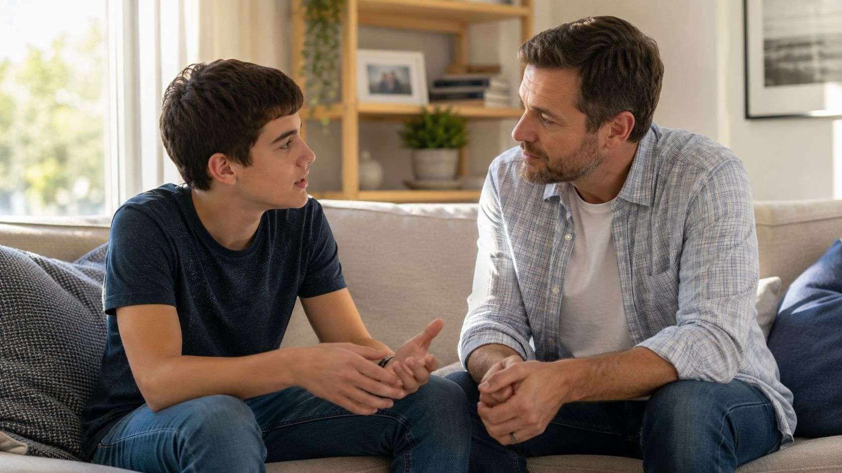 A father and his teenage son having a serious conversation while sitting together on a living room sofa.