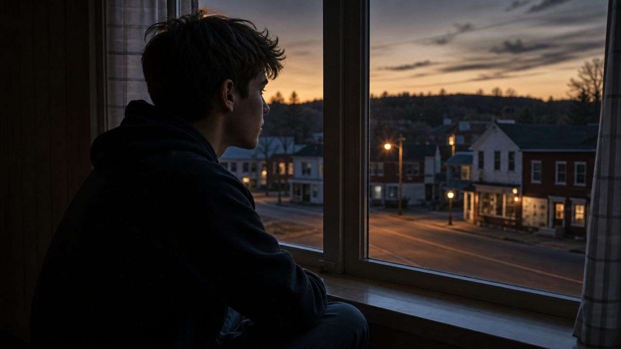 A lonely teenager looking out of a window at a quiet small town street during sunset.