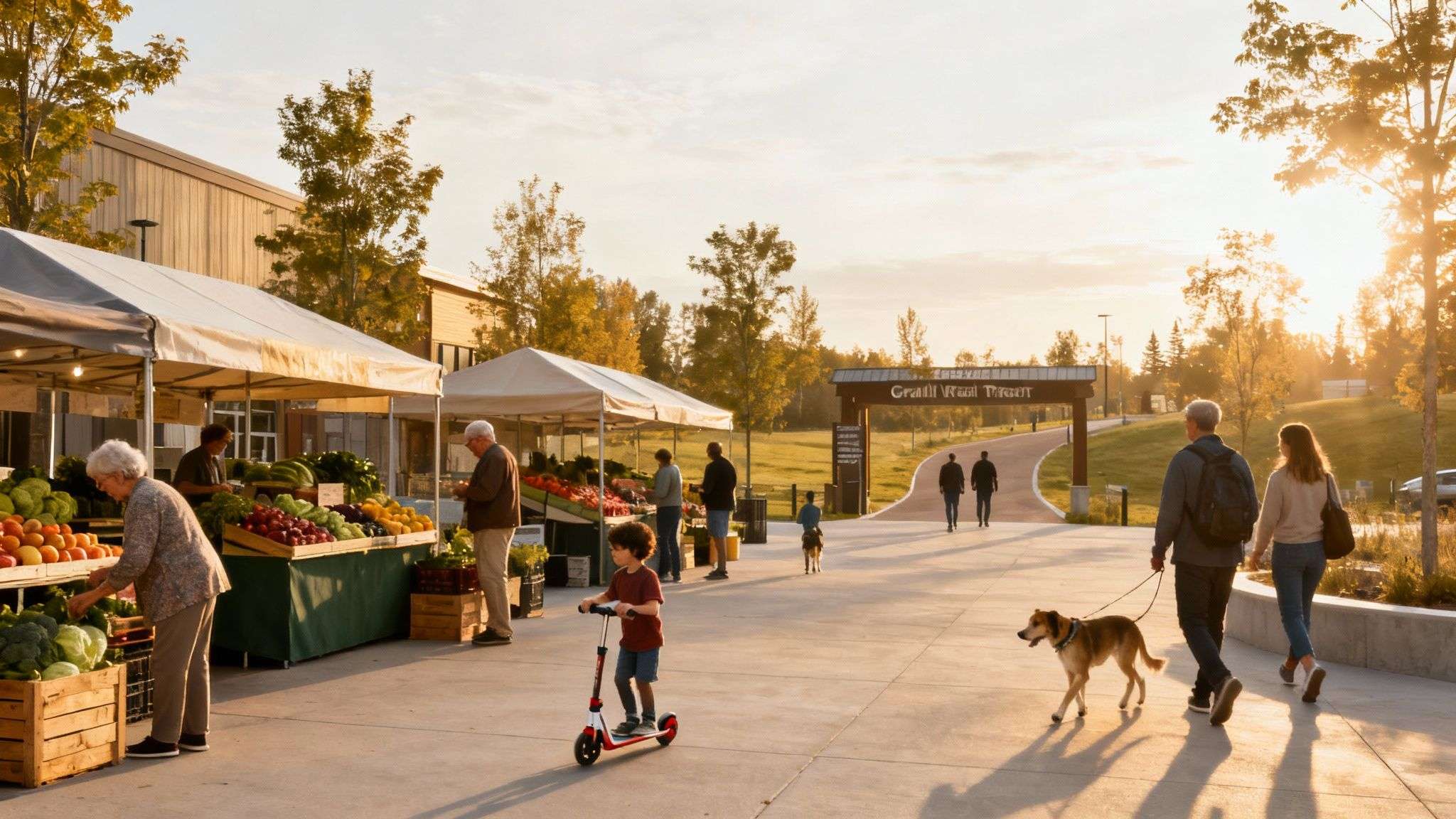 People shop at an outdoor farmers market while others walk on a sunny path with a dog.