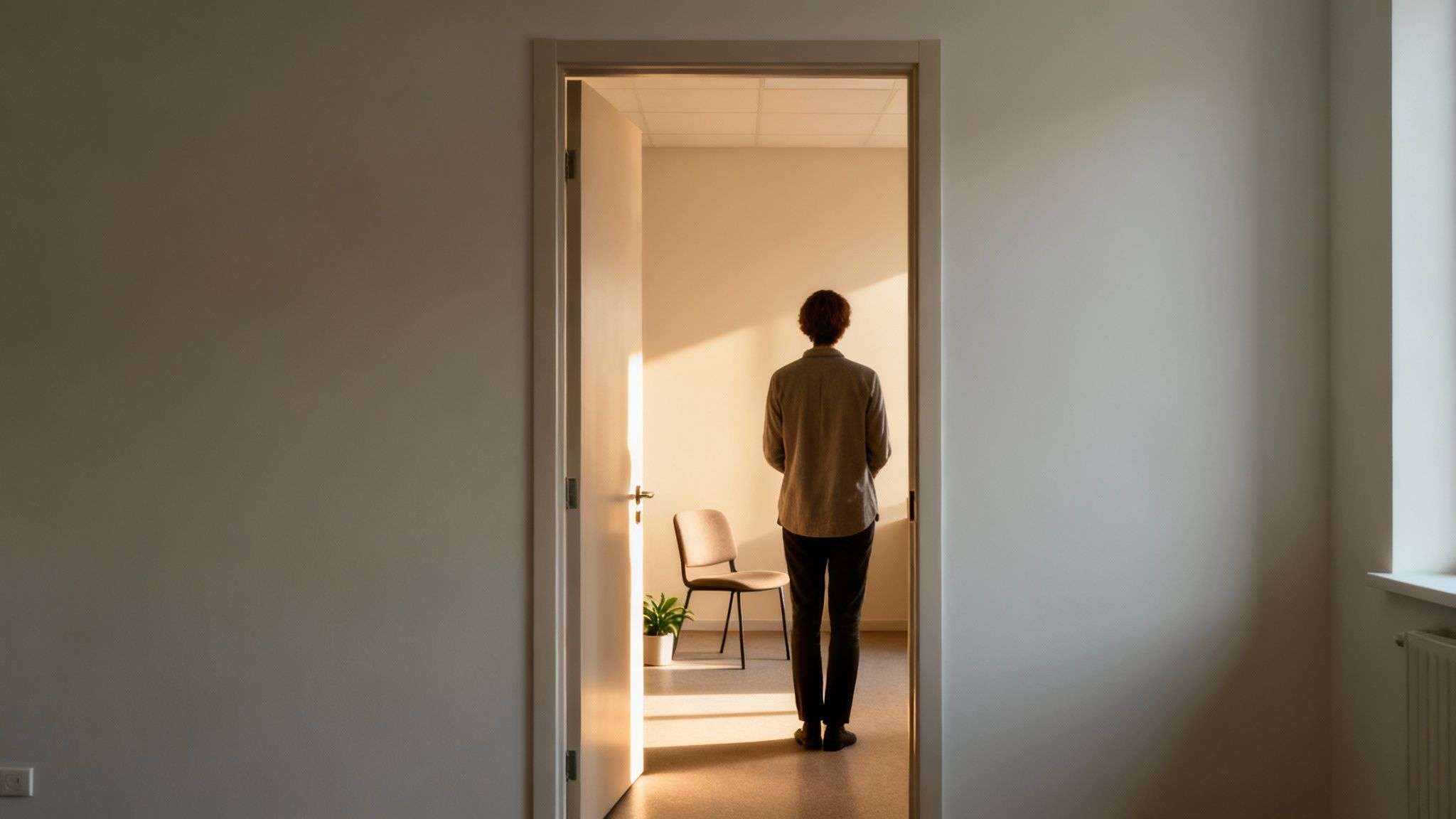 Person facing an open door, contemplating a sunlit room with a single chair and plant.
