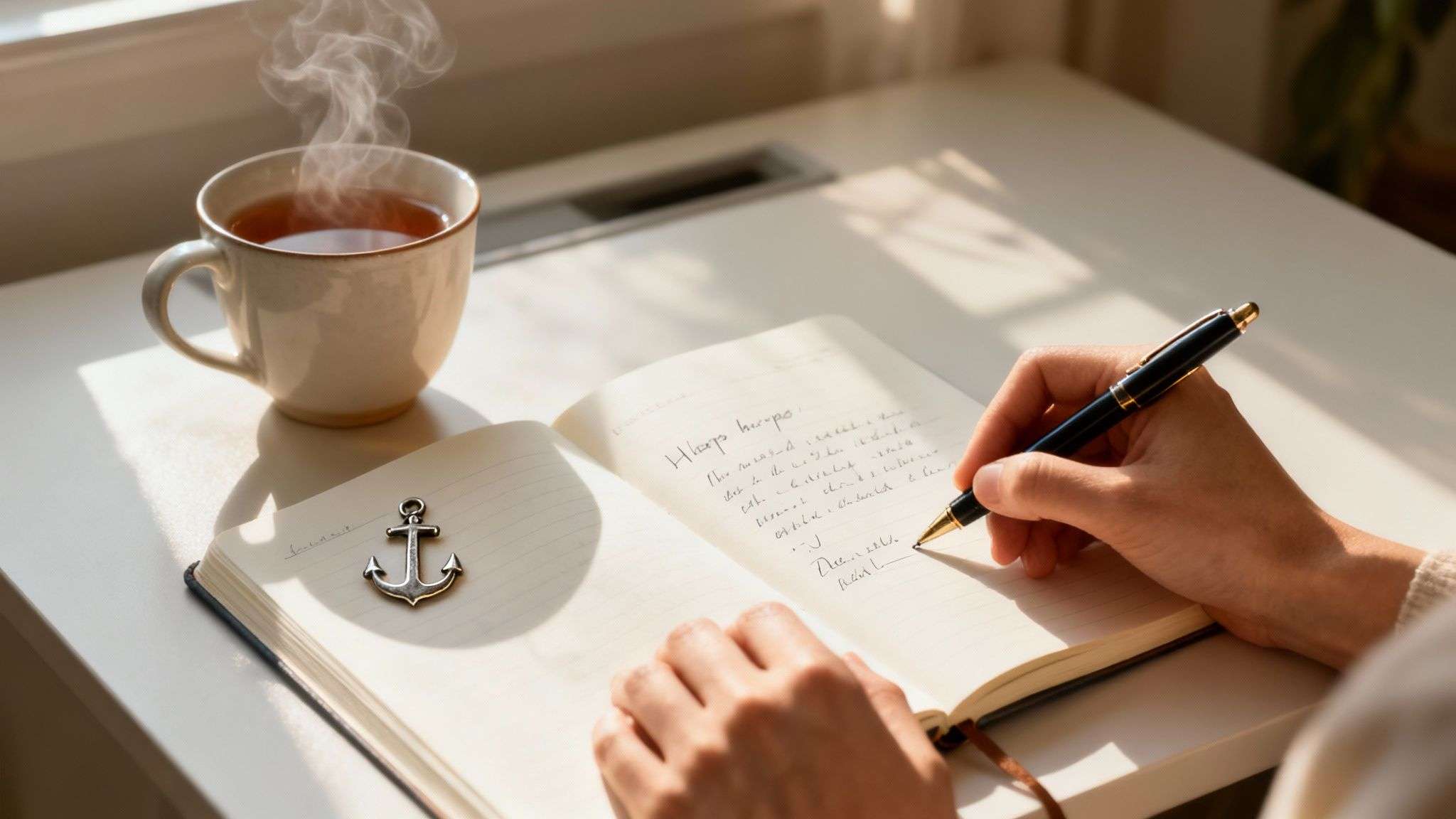 Person journaling with a pen and a steaming cup of tea on a desk in warm light.
