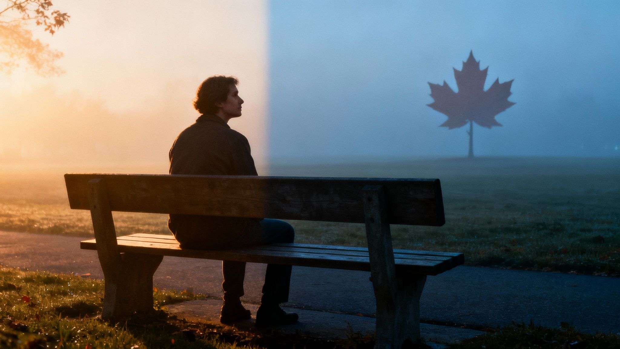 Person on park bench in a split scene with warm fog and a cool, maple leaf silhouette.