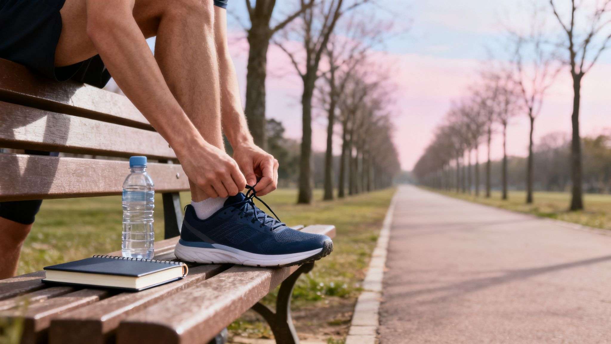 Person tying shoelaces on a park bench with a water bottle and notebook, ready for a run.