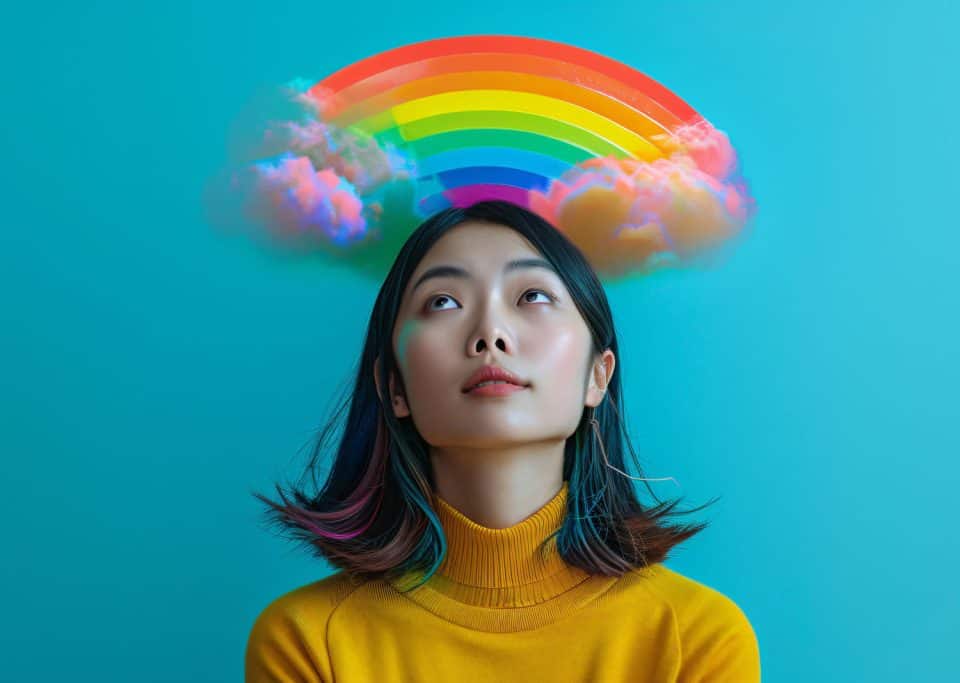 portrait person with rainbow colors symbolizing thoughts adhd brain