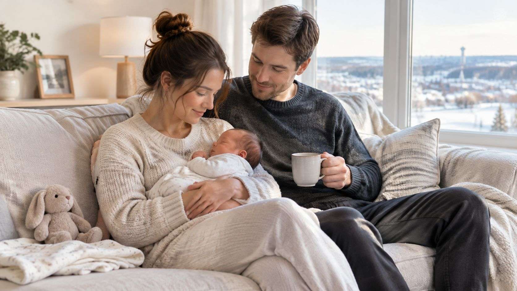 A couple sitting on a sofa at home with their newborn baby, enjoying a quiet, loving family moment.