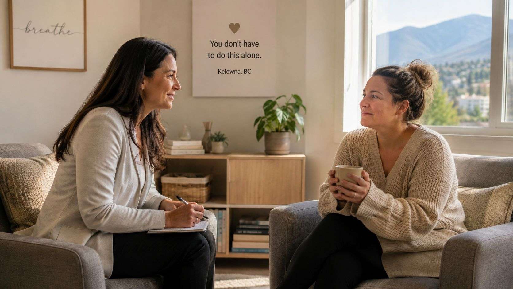 A professional therapist meeting with a woman holding a coffee cup in a warm counseling office.