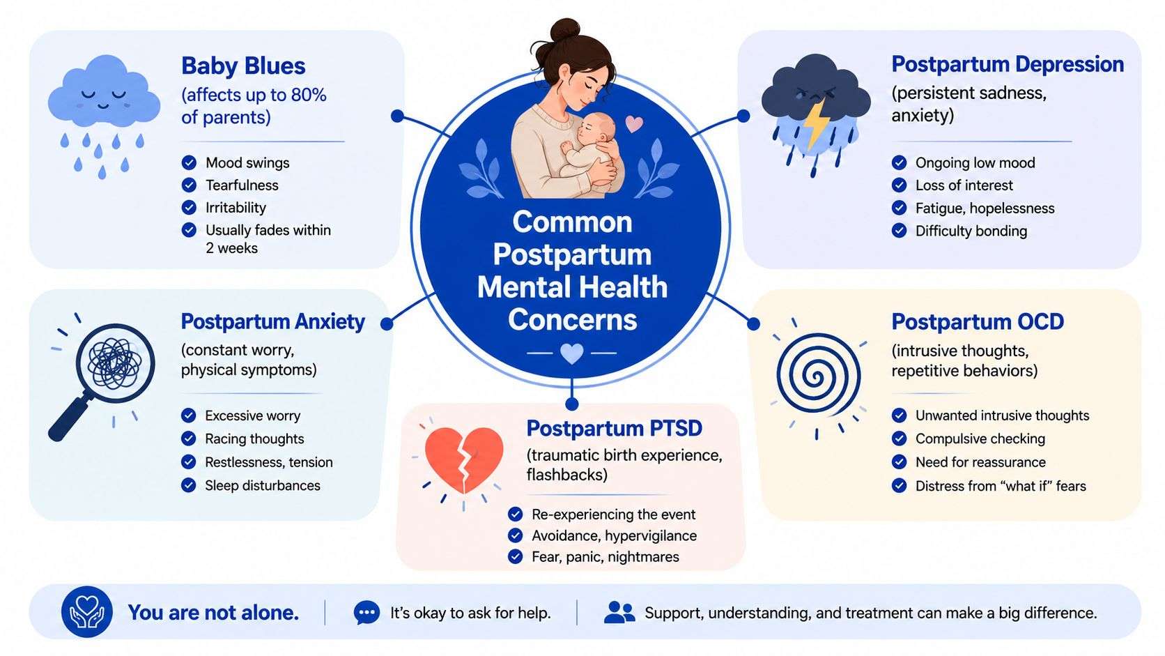 An infographic titled Common Postpartum Mental Health Concerns outlining symptoms of baby blues, anxiety, depression, OCD, and PTSD.