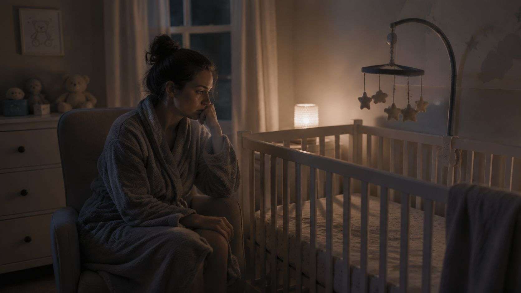 A tired mother in a bathrobe sitting in a nursery chair looking distressed beside an empty baby crib.