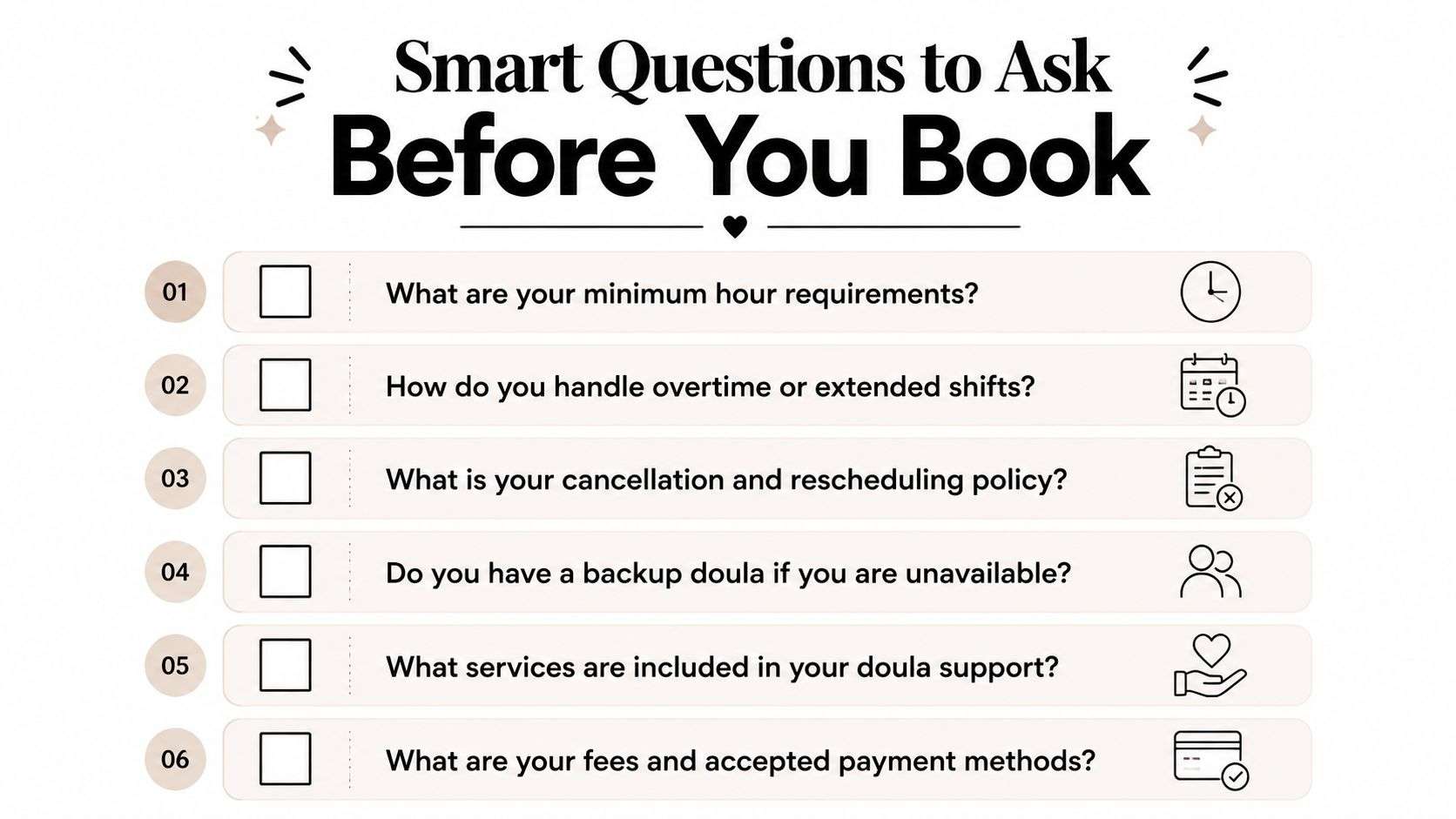 A checklist infographic titled Smart Questions to Ask Before You Book for hiring a doula.