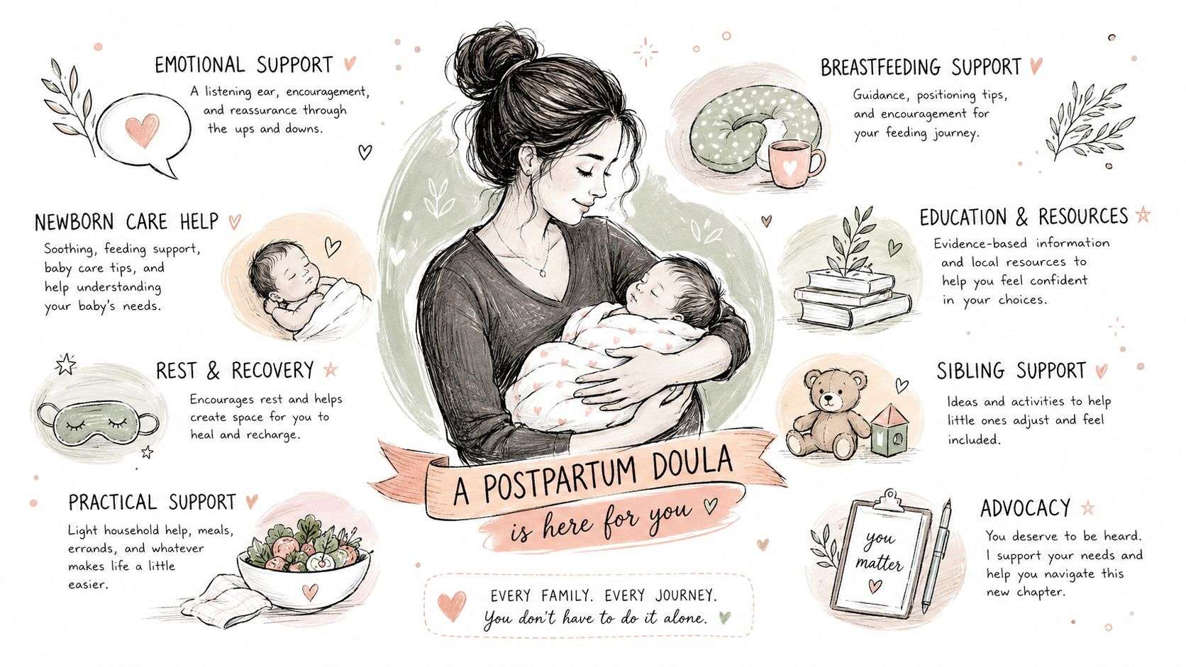 A detailed illustration explaining the various services and emotional support provided by a postpartum doula for families.