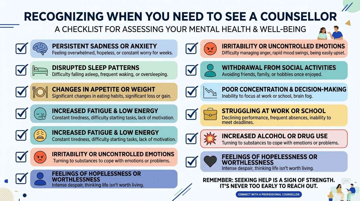 A mental health checklist for identifying signs indicating that it may be time to seek a professional counsellor.