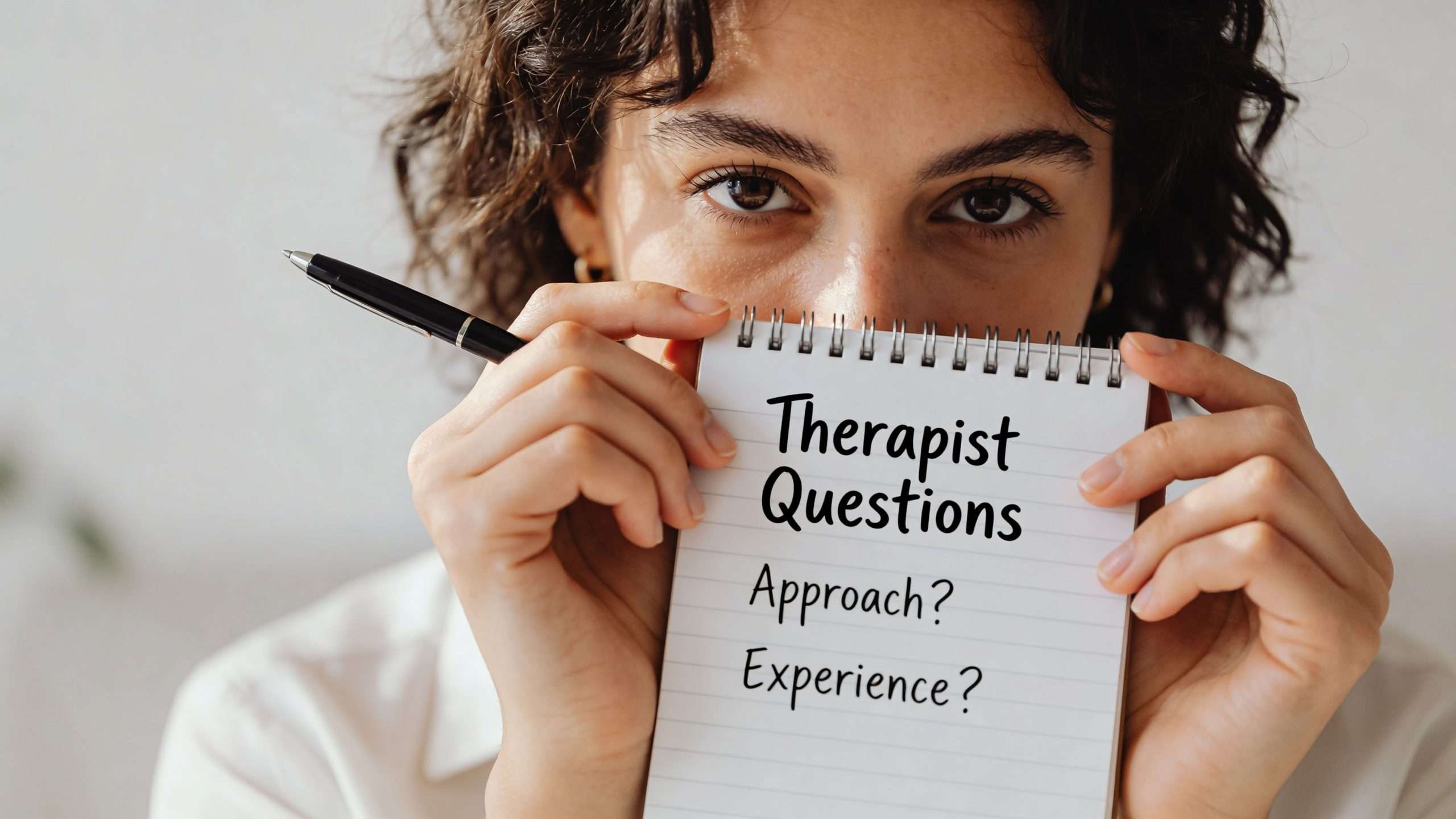 A person holding a notepad covering their face with the text Therapist Questions Approach and Experience written.