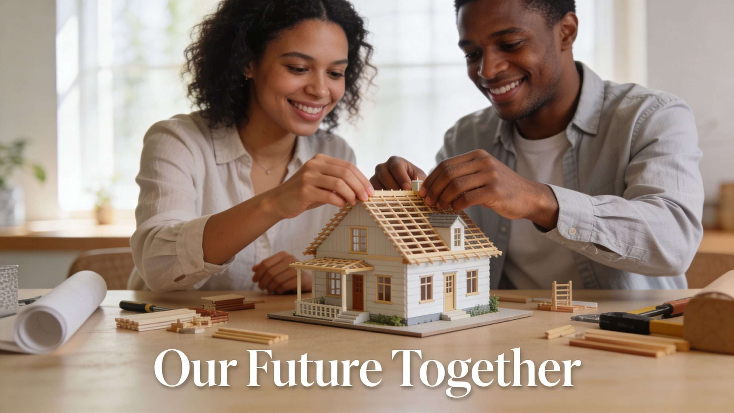 A happy young couple smiling while building a small wooden scale model of a house together.