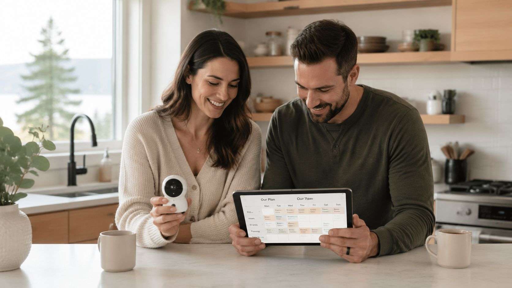A smiling couple planning their schedule on a tablet while holding a small baby monitor in the kitchen.